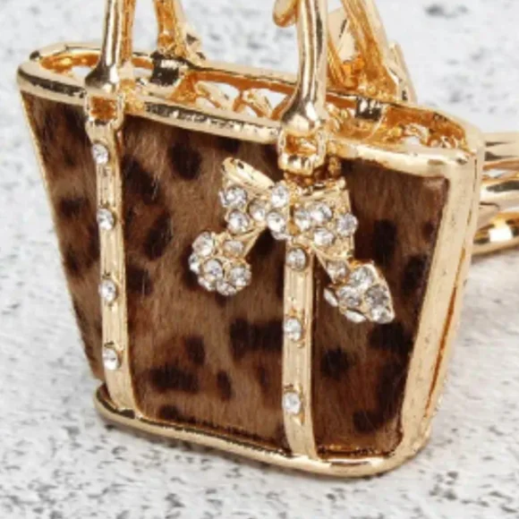 🆕️ Golden Leopard Pattern HandBag Rhinestone Keychain Purse Charm ~ Gift Glam